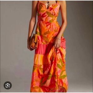 FARM RIO x Anthropologie Glam Tropical Pink Peach Orange Maxi Dress M Medium